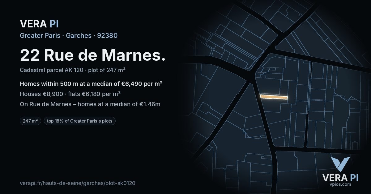 22 Rue de Marnes, Garches at night – the plot lit, the parcels around coloured by the prices near them