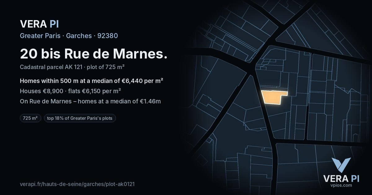 20 bis Rue de Marnes, Garches at night – the plot lit, the parcels around coloured by the prices near them