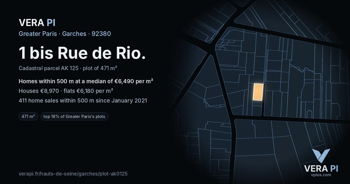 1 bis Rue de Rio, Garches at night – the plot lit, the parcels around coloured by the prices near them
