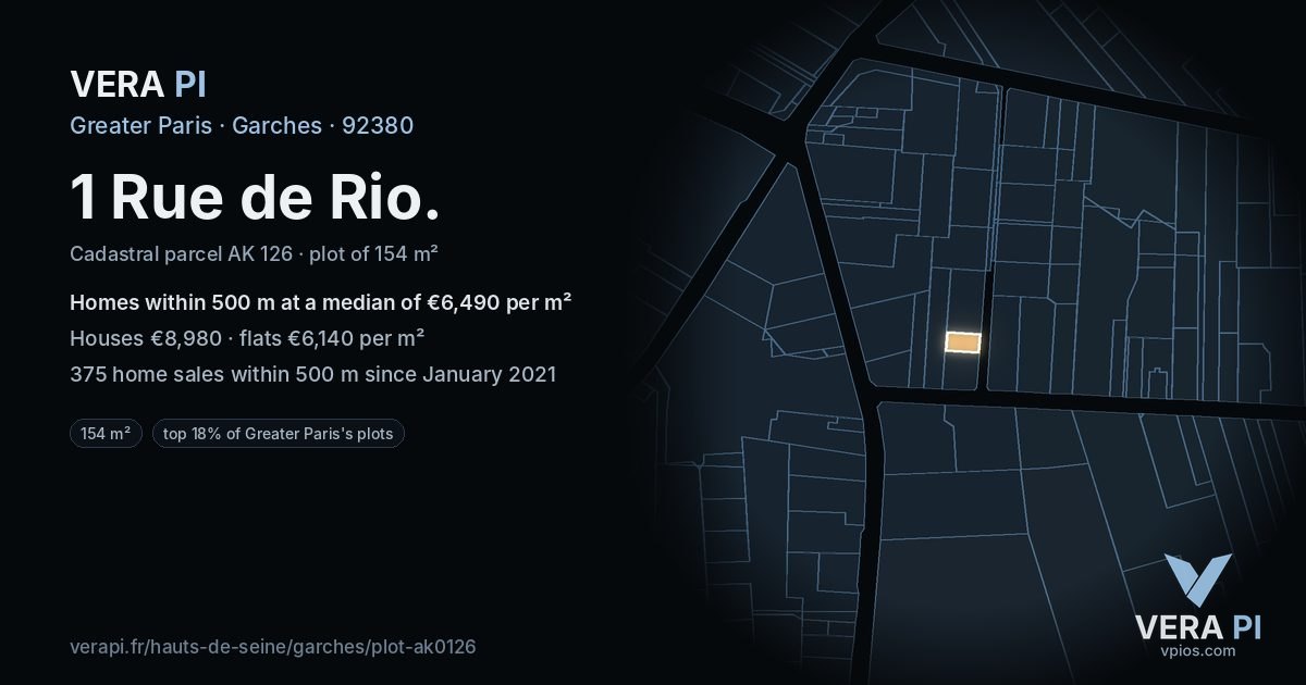 1 Rue de Rio, Garches at night – the plot lit, the parcels around coloured by the prices near them