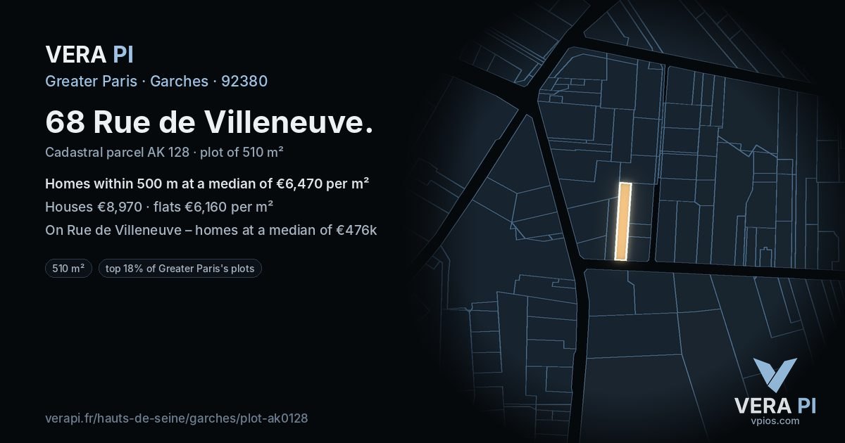 68 Rue de Villeneuve, Garches at night – the plot lit, the parcels around coloured by the prices near them