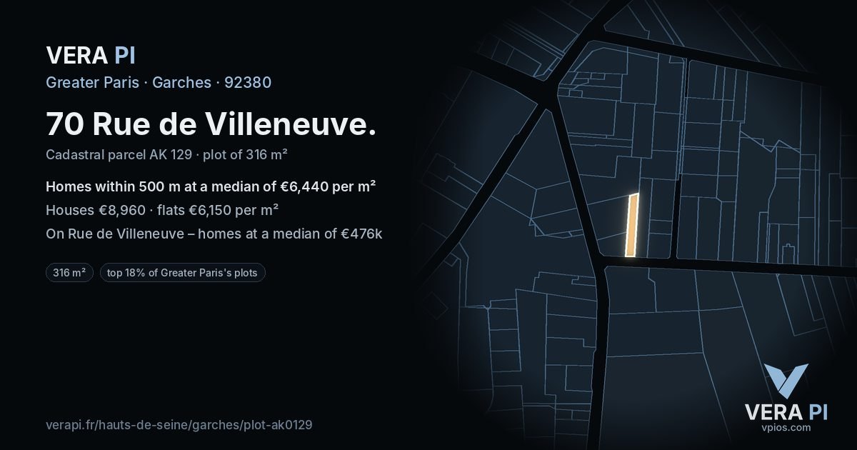 70 Rue de Villeneuve, Garches at night – the plot lit, the parcels around coloured by the prices near them