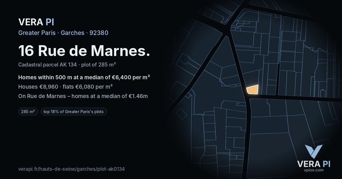 16 Rue de Marnes, Garches at night – the plot lit, the parcels around coloured by the prices near them