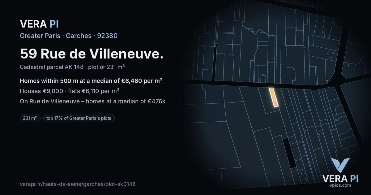 59 Rue de Villeneuve, Garches at night – the plot lit, the parcels around coloured by the prices near them