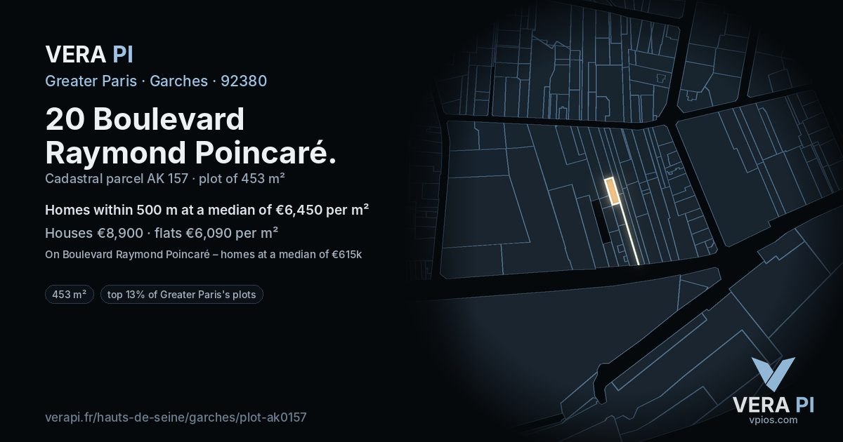 20 Boulevard Raymond Poincaré, Garches at night – the plot lit, the parcels around coloured by the prices near them