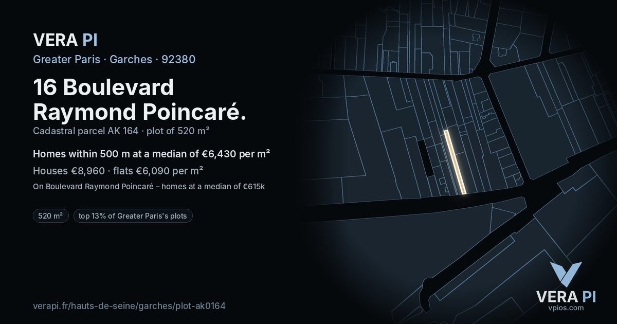 16 Boulevard Raymond Poincaré, Garches at night – the plot lit, the parcels around coloured by the prices near them