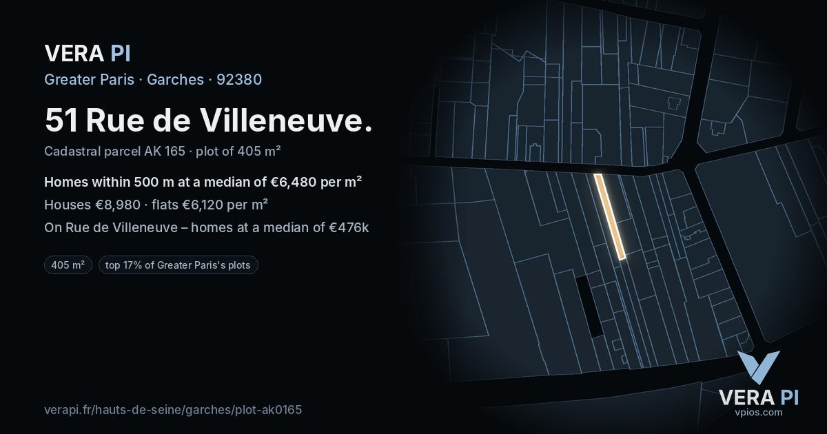 51 Rue de Villeneuve, Garches at night – the plot lit, the parcels around coloured by the prices near them