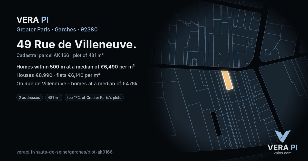 49 Rue de Villeneuve, Garches at night – the plot lit, the parcels around coloured by the prices near them
