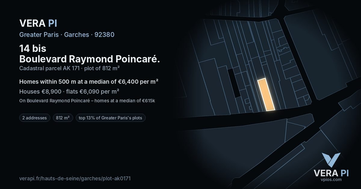 14 bis Boulevard Raymond Poincaré, Garches at night – the plot lit, the parcels around coloured by the prices near them