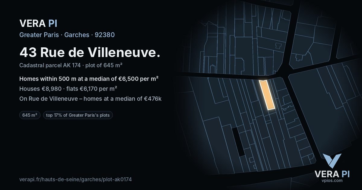 43 Rue de Villeneuve, Garches at night – the plot lit, the parcels around coloured by the prices near them