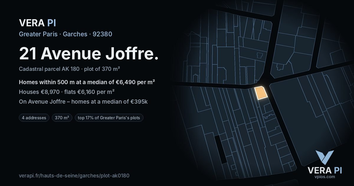 21 Avenue Joffre, Garches at night – the plot lit, the parcels around coloured by the prices near them