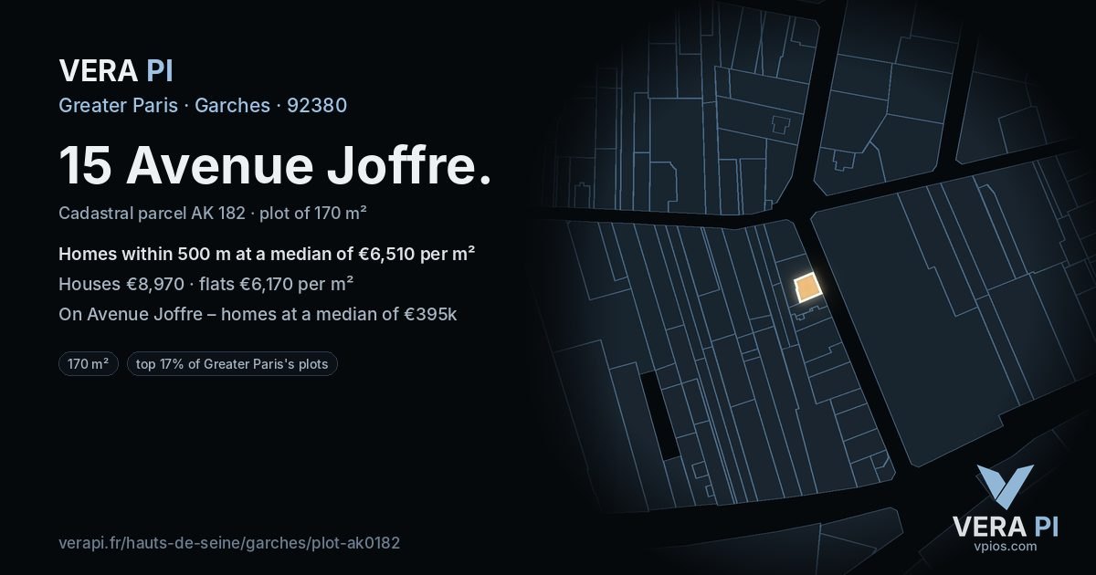15 Avenue Joffre, Garches at night – the plot lit, the parcels around coloured by the prices near them