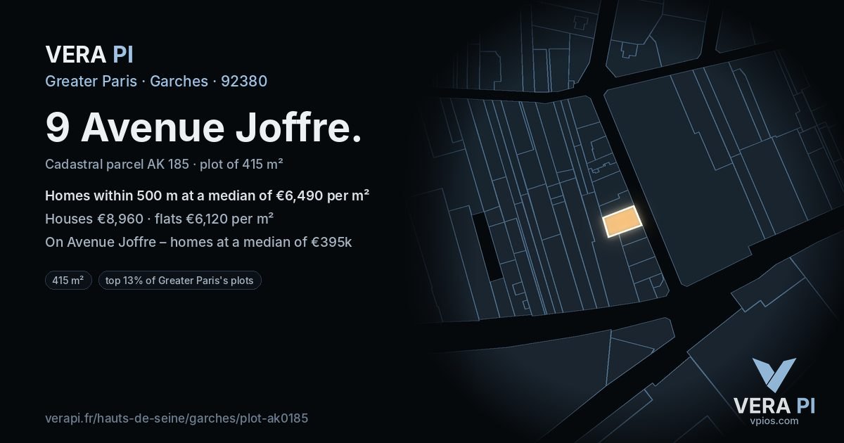 9 Avenue Joffre, Garches at night – the plot lit, the parcels around coloured by the prices near them