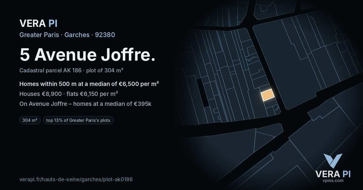5 Avenue Joffre, Garches at night – the plot lit, the parcels around coloured by the prices near them
