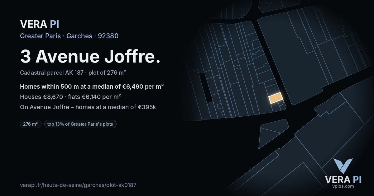 3 Avenue Joffre, Garches at night – the plot lit, the parcels around coloured by the prices near them