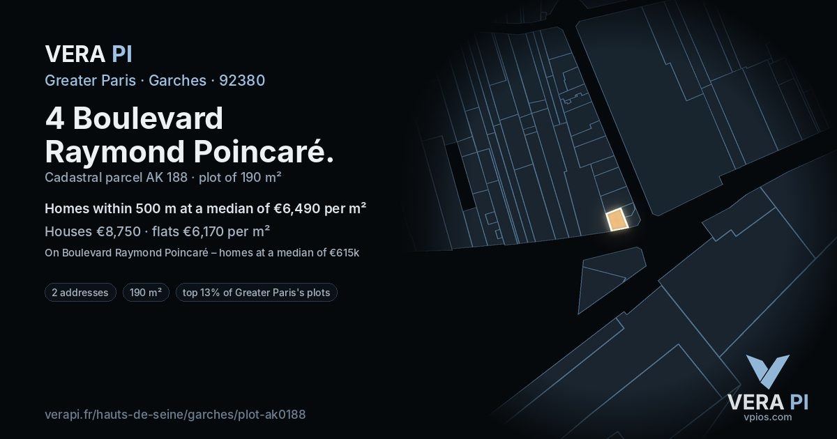 4 Boulevard Raymond Poincaré, Garches at night – the plot lit, the parcels around coloured by the prices near them
