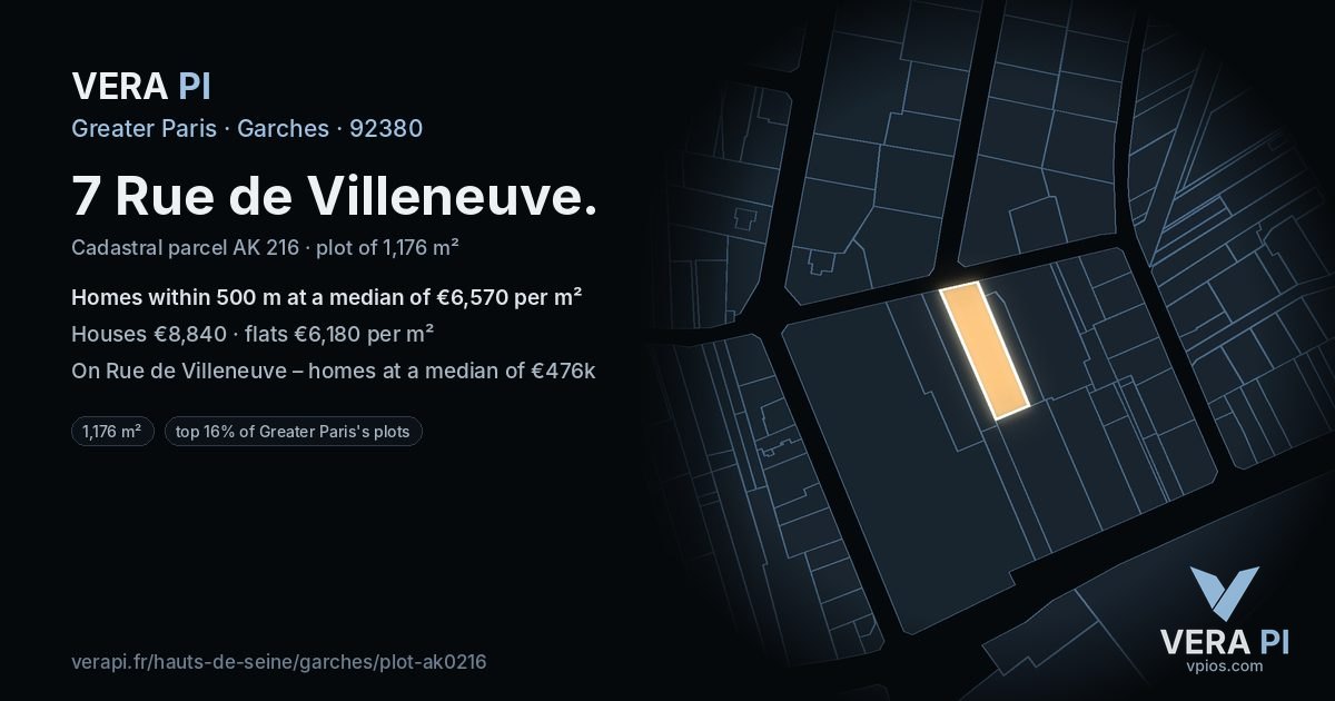7 Rue de Villeneuve, Garches at night – the plot lit, the parcels around coloured by the prices near them