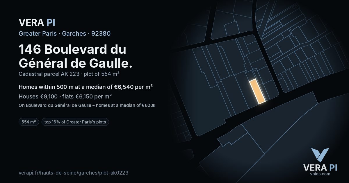 146 Boulevard du Général de Gaulle, Garches at night – the plot lit, the parcels around coloured by the prices near them