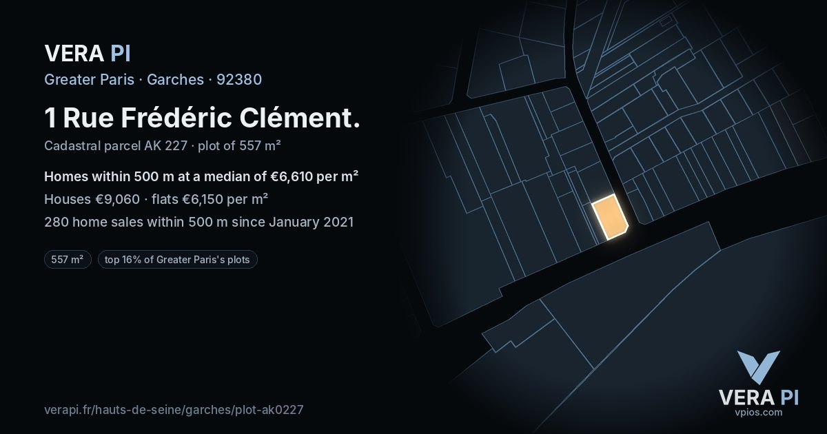 1 Rue Frédéric Clément, Garches at night – the plot lit, the parcels around coloured by the prices near them
