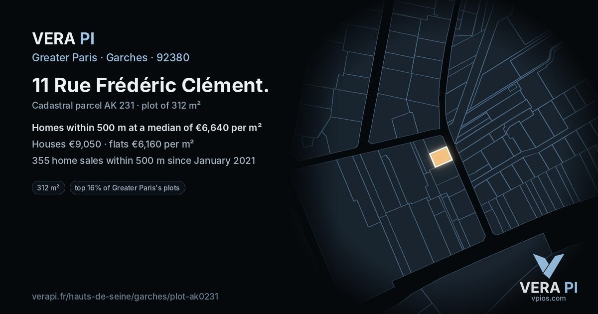 11 Rue Frédéric Clément, Garches at night – the plot lit, the parcels around coloured by the prices near them
