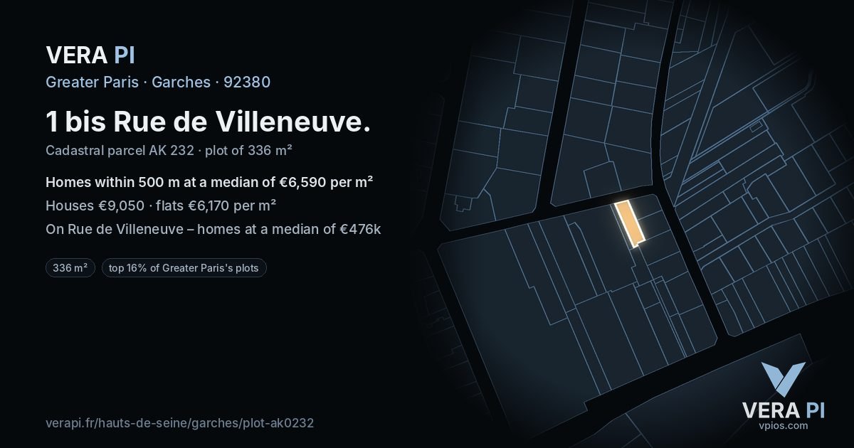 1 bis Rue de Villeneuve, Garches at night – the plot lit, the parcels around coloured by the prices near them