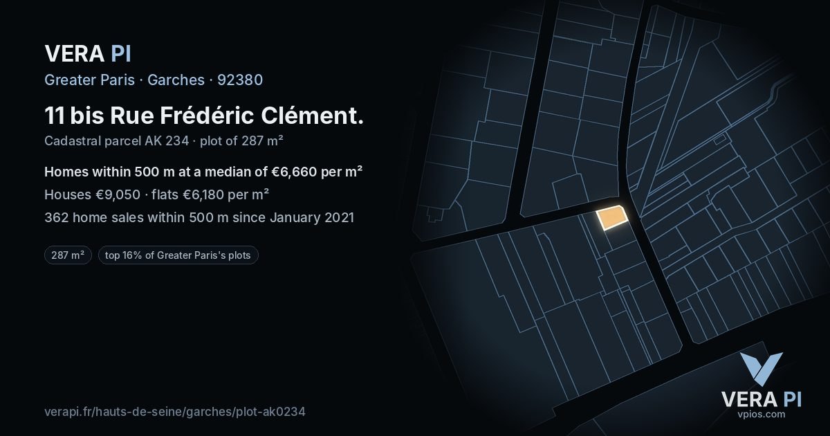 11 bis Rue Frédéric Clément, Garches at night – the plot lit, the parcels around coloured by the prices near them