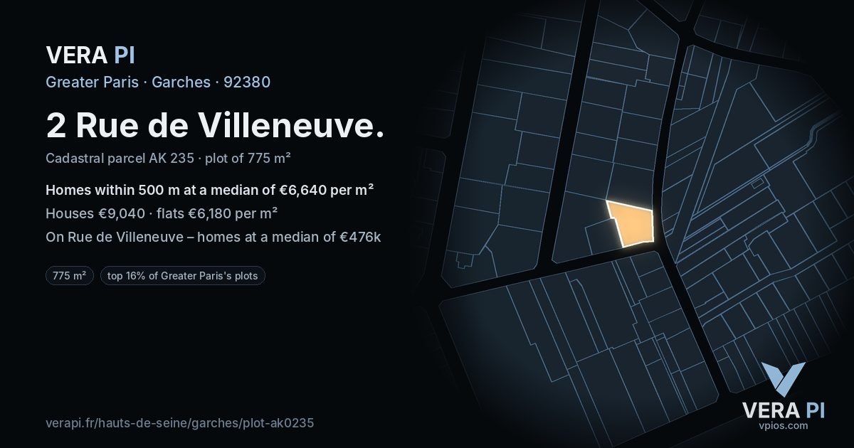 2 Rue de Villeneuve, Garches at night – the plot lit, the parcels around coloured by the prices near them