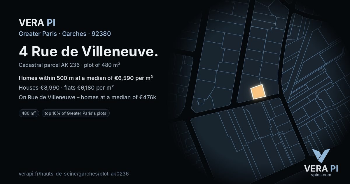 4 Rue de Villeneuve, Garches at night – the plot lit, the parcels around coloured by the prices near them