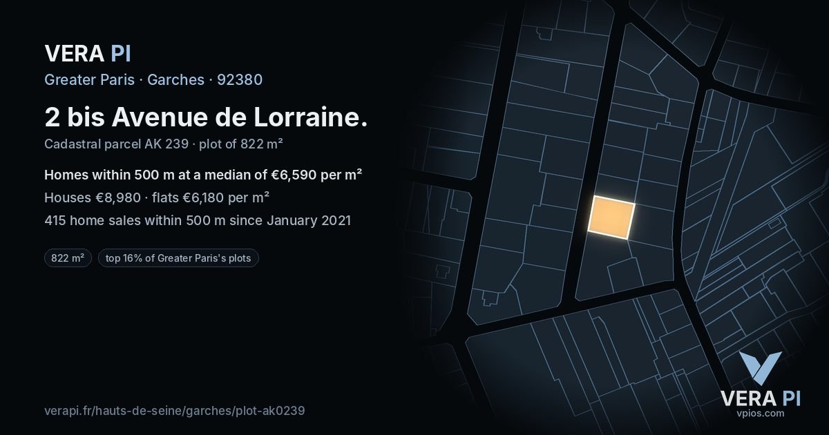 2 bis Avenue de Lorraine, Garches at night – the plot lit, the parcels around coloured by the prices near them