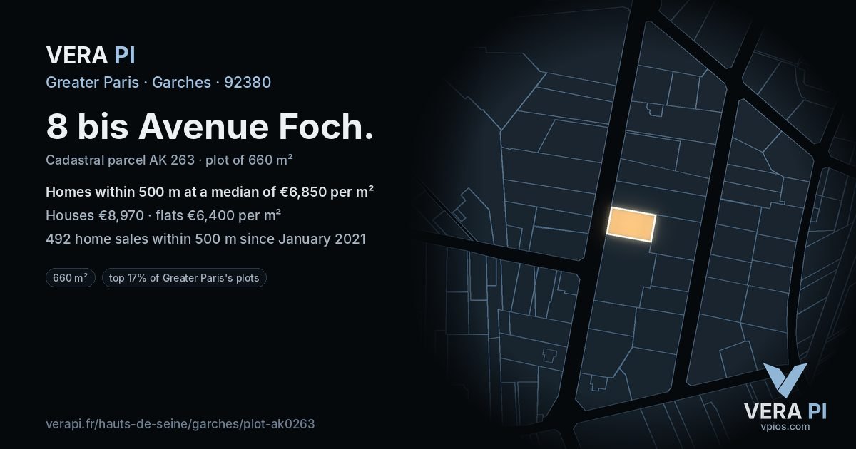 8 bis Avenue Foch, Garches at night – the plot lit, the parcels around coloured by the prices near them