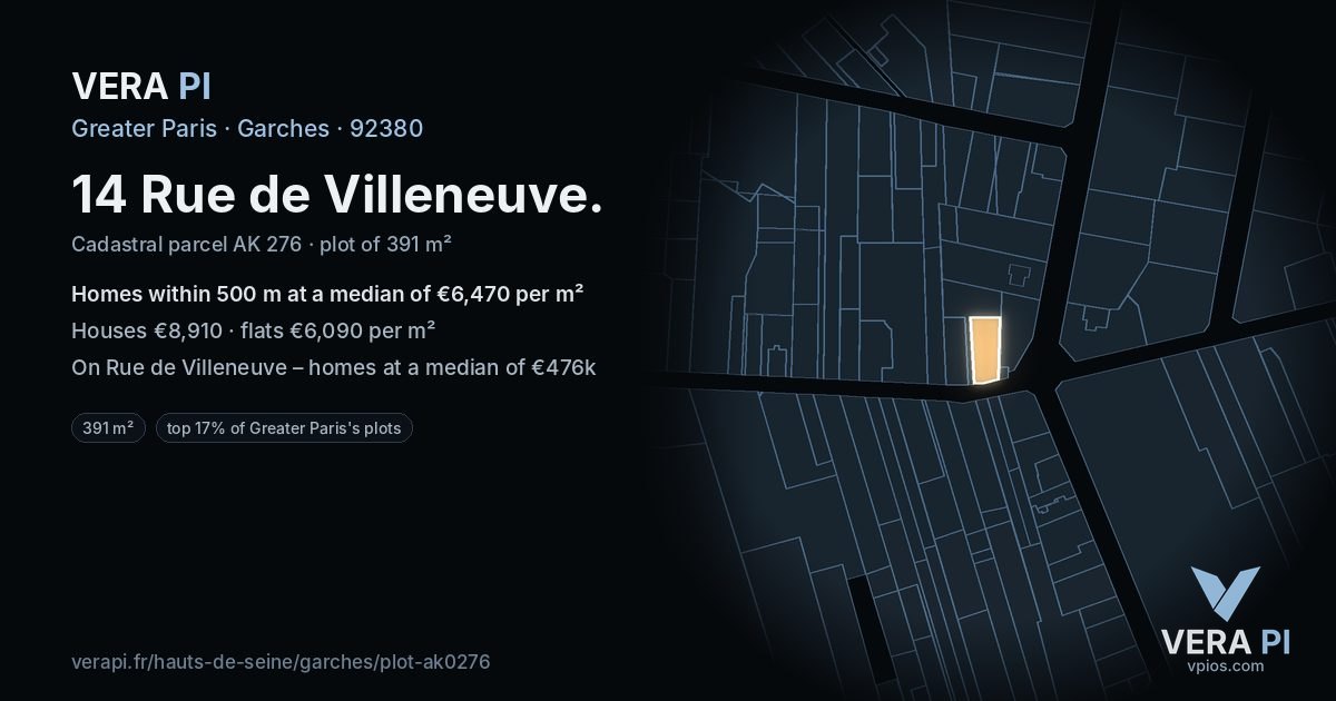 14 Rue de Villeneuve, Garches at night – the plot lit, the parcels around coloured by the prices near them