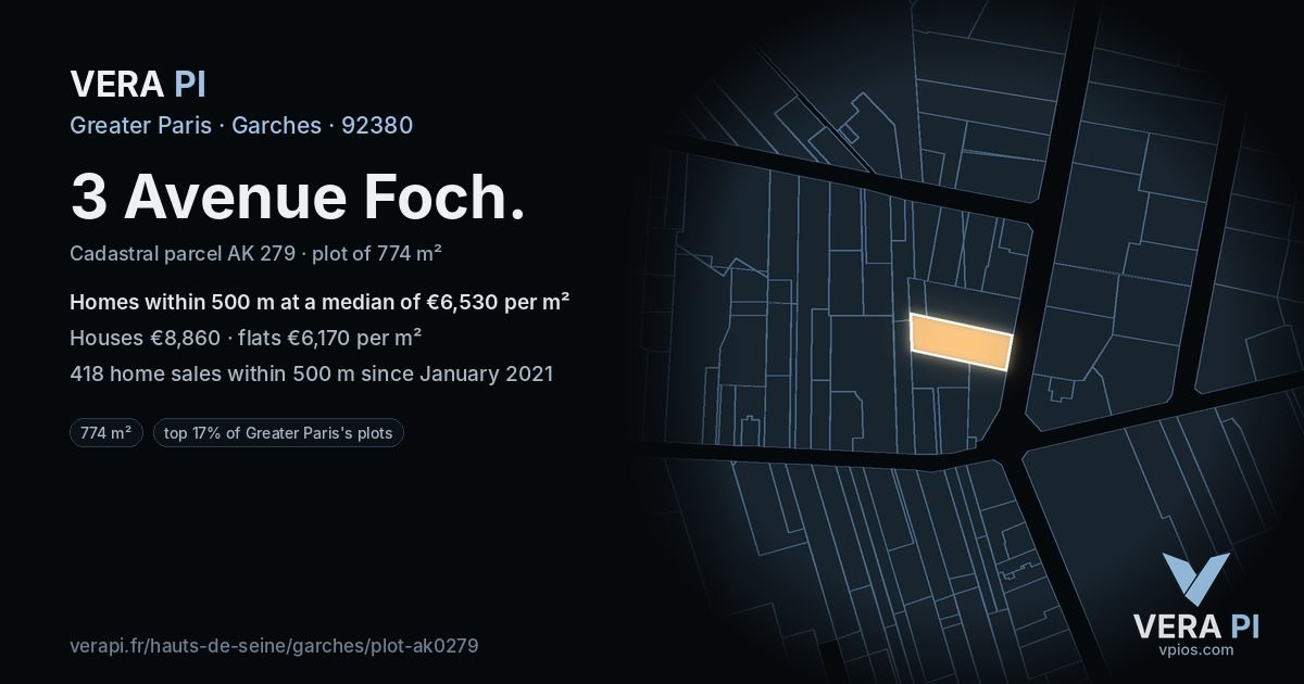 3 Avenue Foch, Garches at night – the plot lit, the parcels around coloured by the prices near them