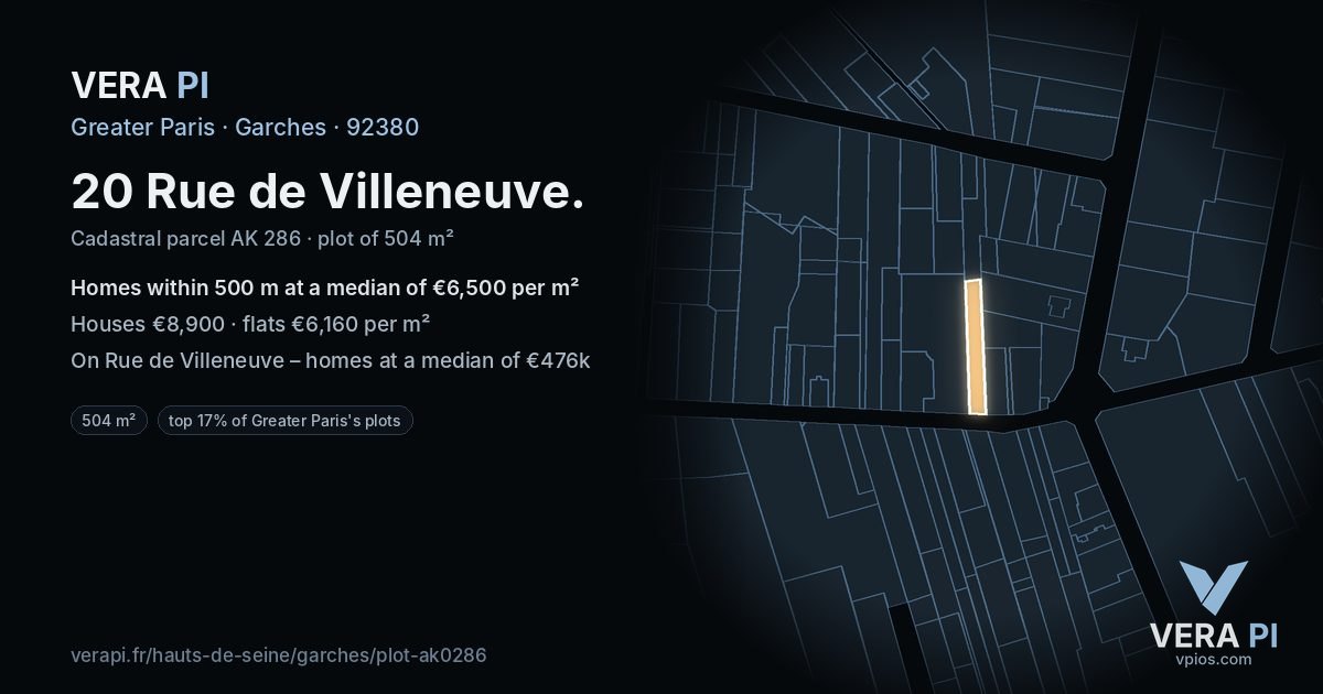 20 Rue de Villeneuve, Garches at night – the plot lit, the parcels around coloured by the prices near them