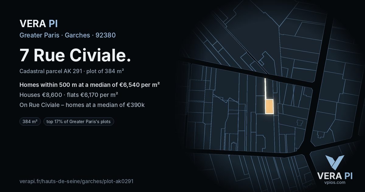 7 Rue Civiale, Garches at night – the plot lit, the parcels around coloured by the prices near them
