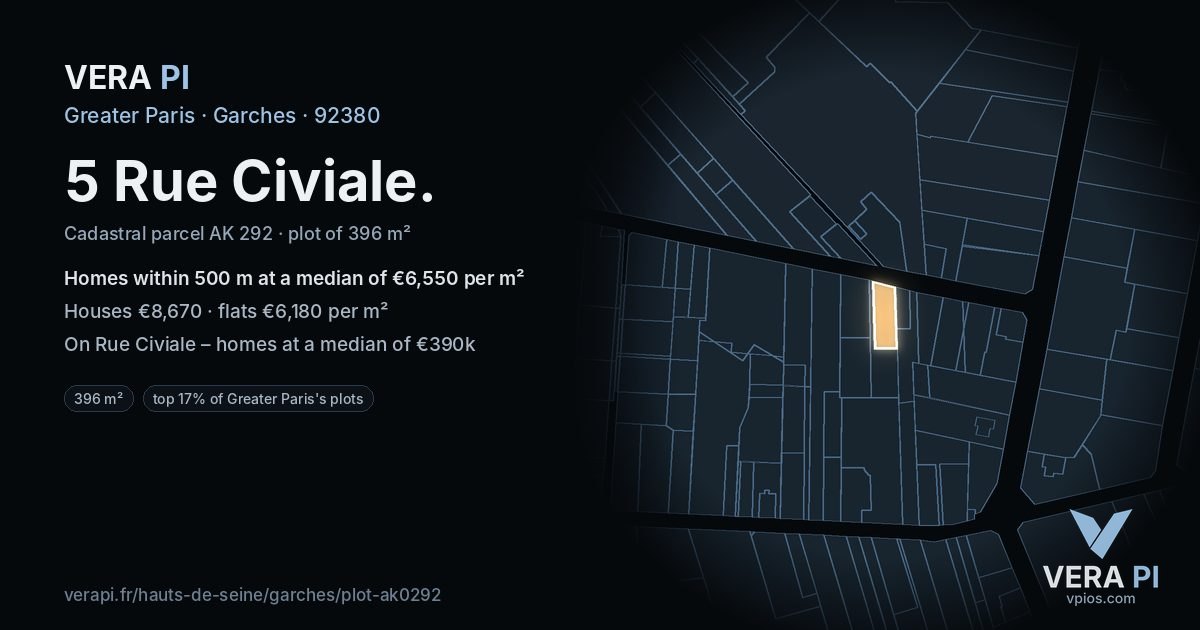 5 Rue Civiale, Garches at night – the plot lit, the parcels around coloured by the prices near them