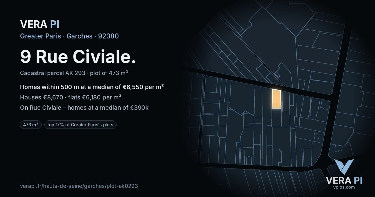 9 Rue Civiale, Garches at night – the plot lit, the parcels around coloured by the prices near them