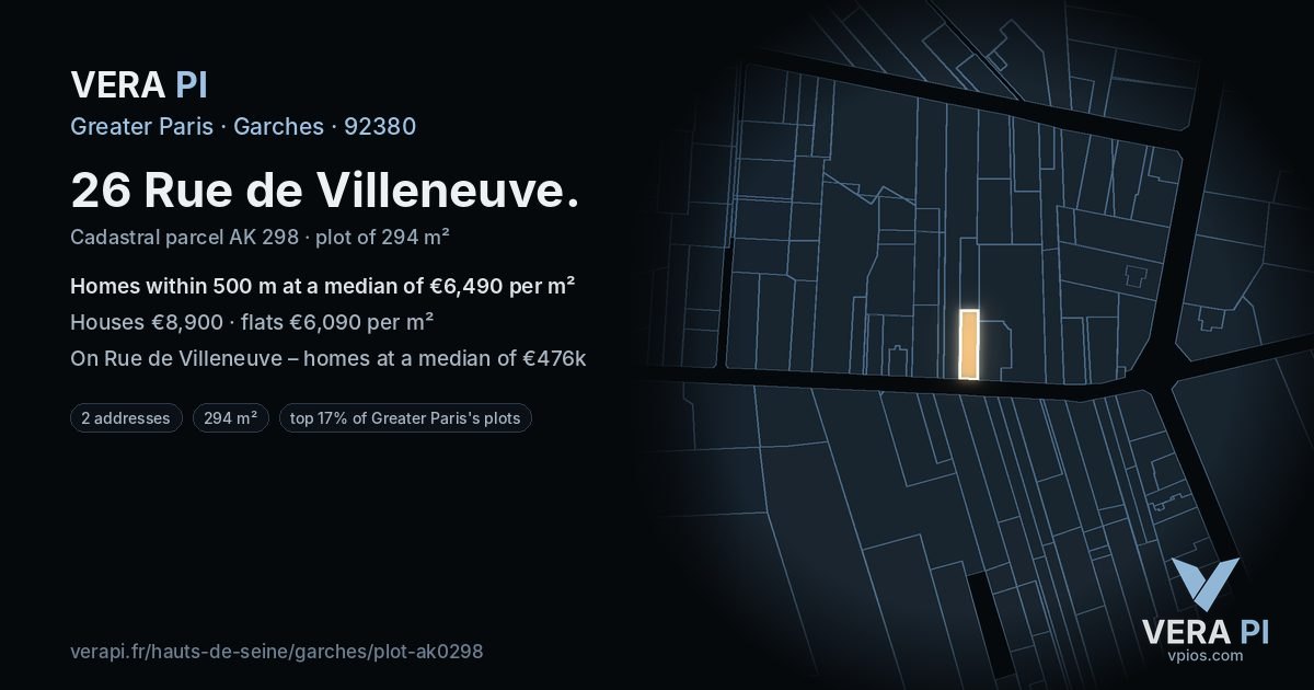 26 Rue de Villeneuve, Garches at night – the plot lit, the parcels around coloured by the prices near them