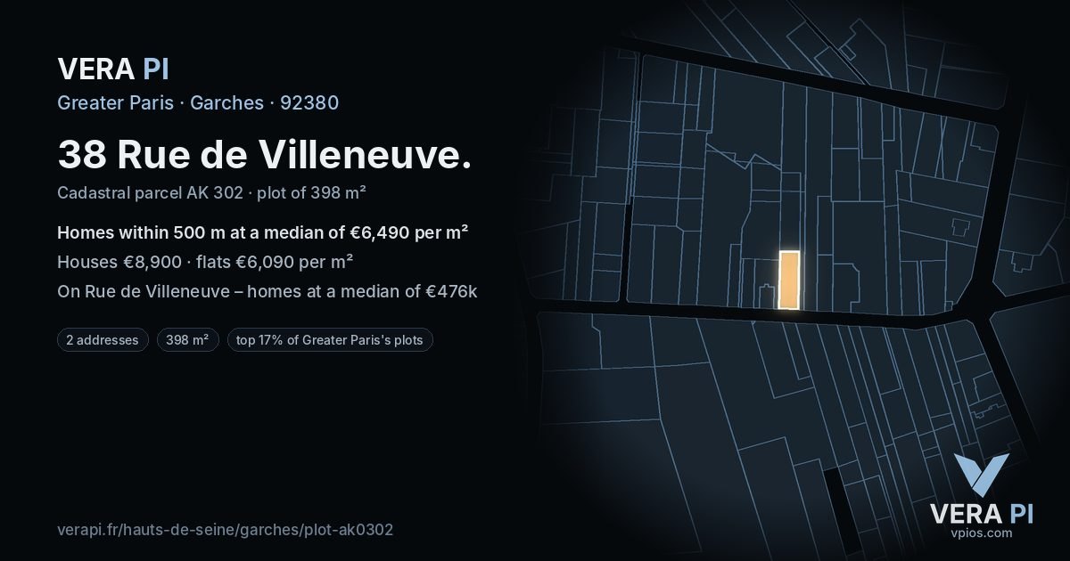 38 Rue de Villeneuve, Garches at night – the plot lit, the parcels around coloured by the prices near them