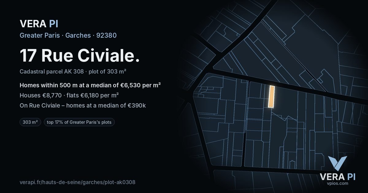 17 Rue Civiale, Garches at night – the plot lit, the parcels around coloured by the prices near them