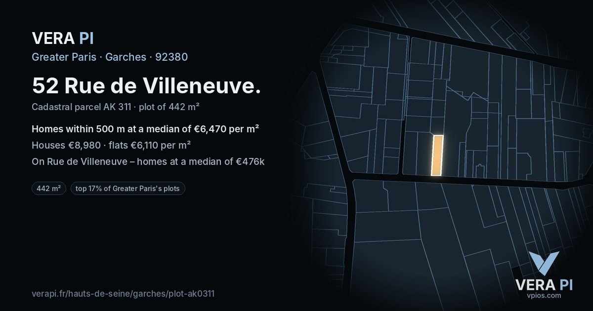 52 Rue de Villeneuve, Garches at night – the plot lit, the parcels around coloured by the prices near them