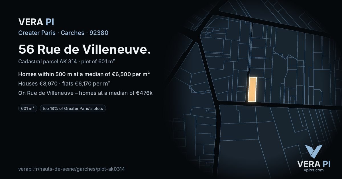 56 Rue de Villeneuve, Garches at night – the plot lit, the parcels around coloured by the prices near them