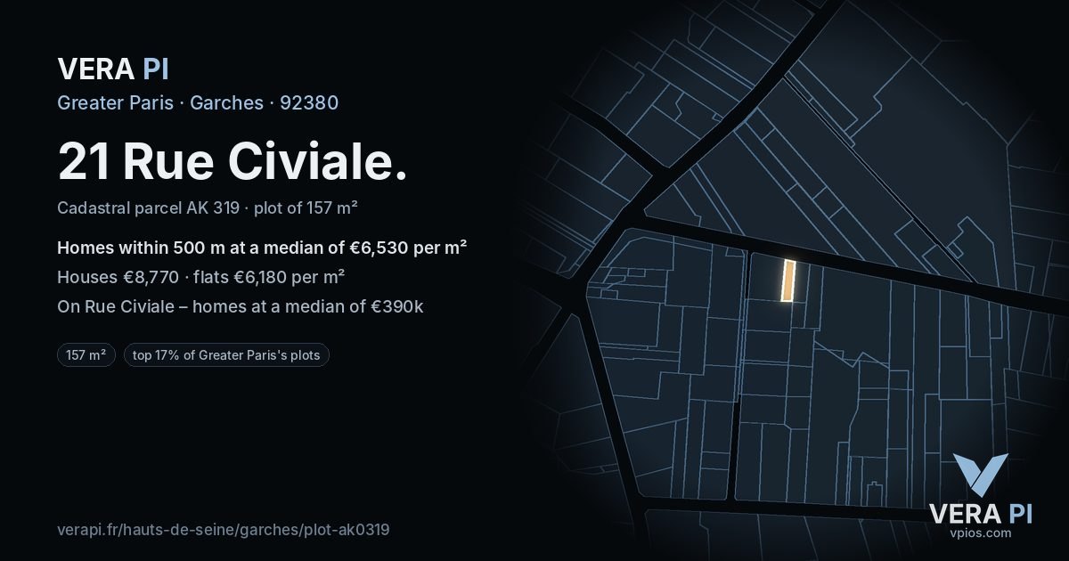 21 Rue Civiale, Garches at night – the plot lit, the parcels around coloured by the prices near them