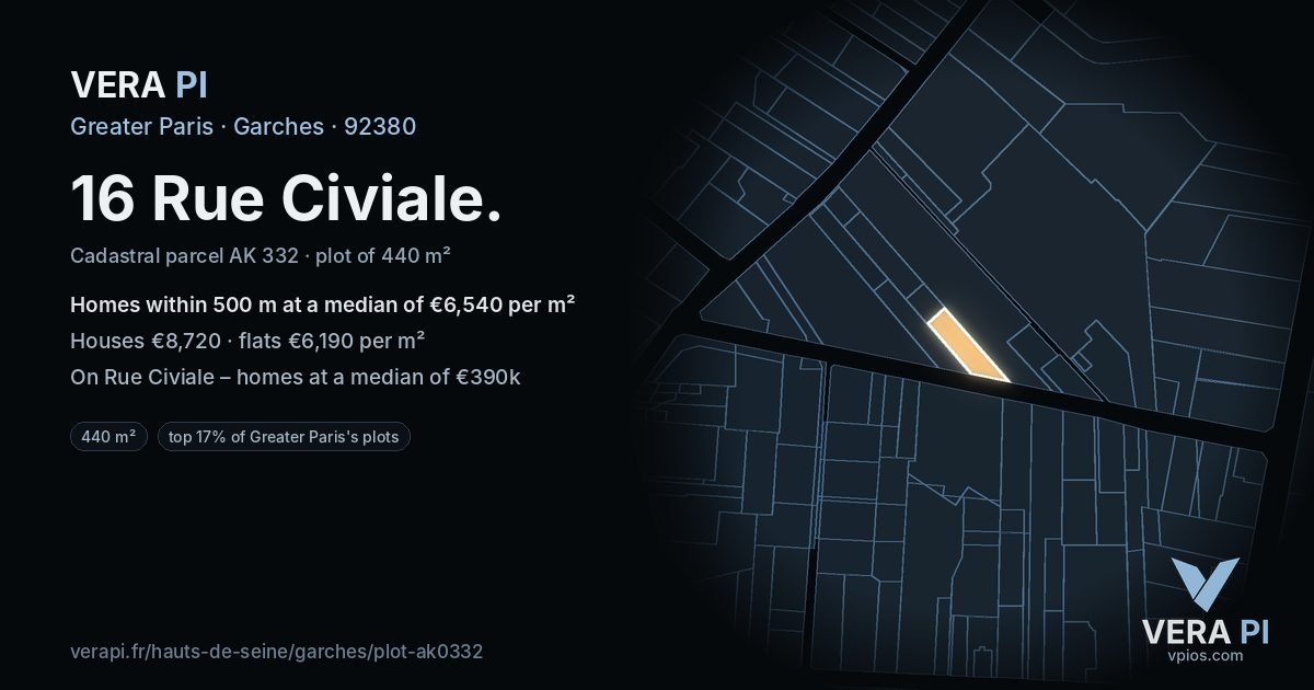 16 Rue Civiale, Garches at night – the plot lit, the parcels around coloured by the prices near them