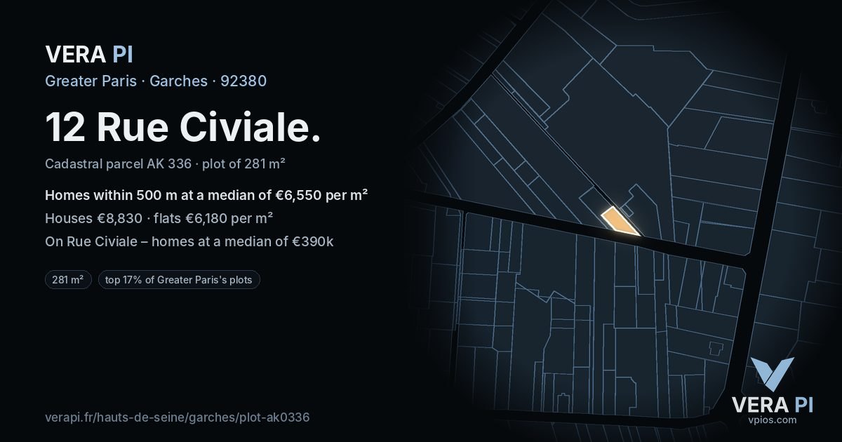 12 Rue Civiale, Garches at night – the plot lit, the parcels around coloured by the prices near them