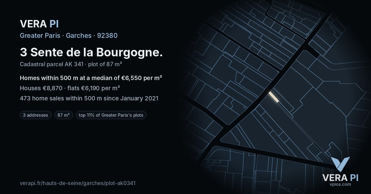 3 Sente de la Bourgogne, Garches at night – the plot lit, the parcels around coloured by the prices near them