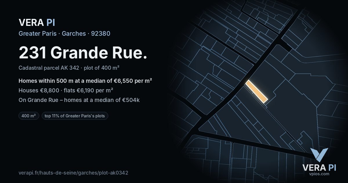 231 Grande Rue, Garches at night – the plot lit, the parcels around coloured by the prices near them