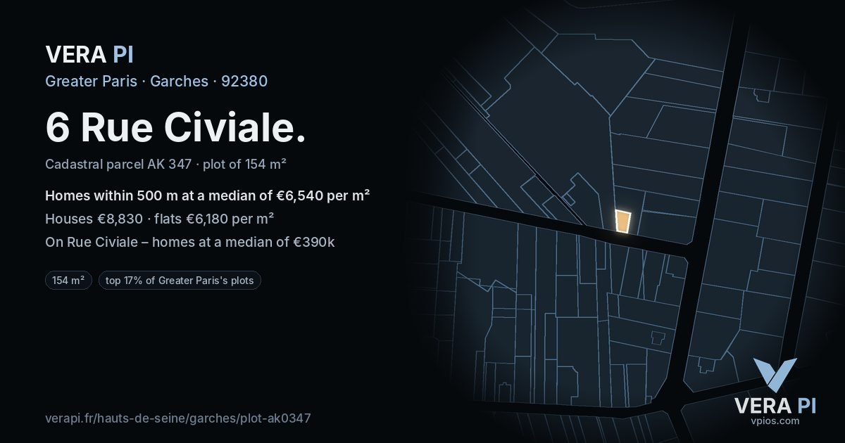6 Rue Civiale, Garches at night – the plot lit, the parcels around coloured by the prices near them