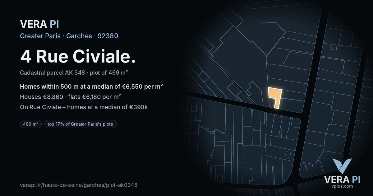 4 Rue Civiale, Garches at night – the plot lit, the parcels around coloured by the prices near them