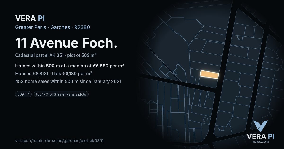11 Avenue Foch, Garches at night – the plot lit, the parcels around coloured by the prices near them