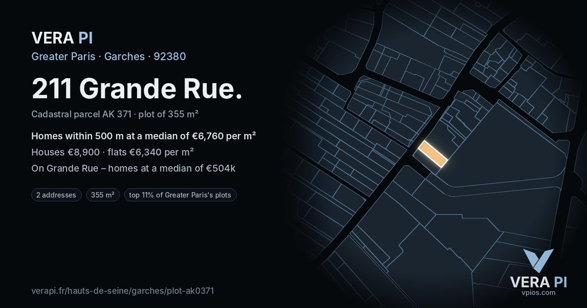 211 Grande Rue, Garches at night – the plot lit, the parcels around coloured by the prices near them